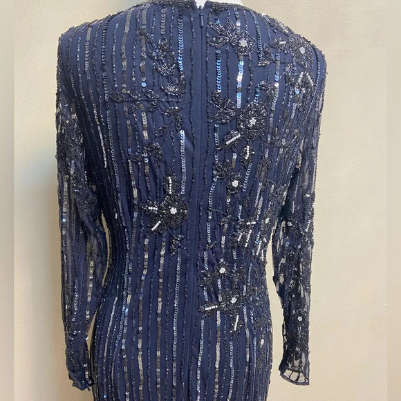 Mac Duggal sequin formal dress high neck illusion navy formal cocktail Sz 8 NWT - Picture 11 of 15